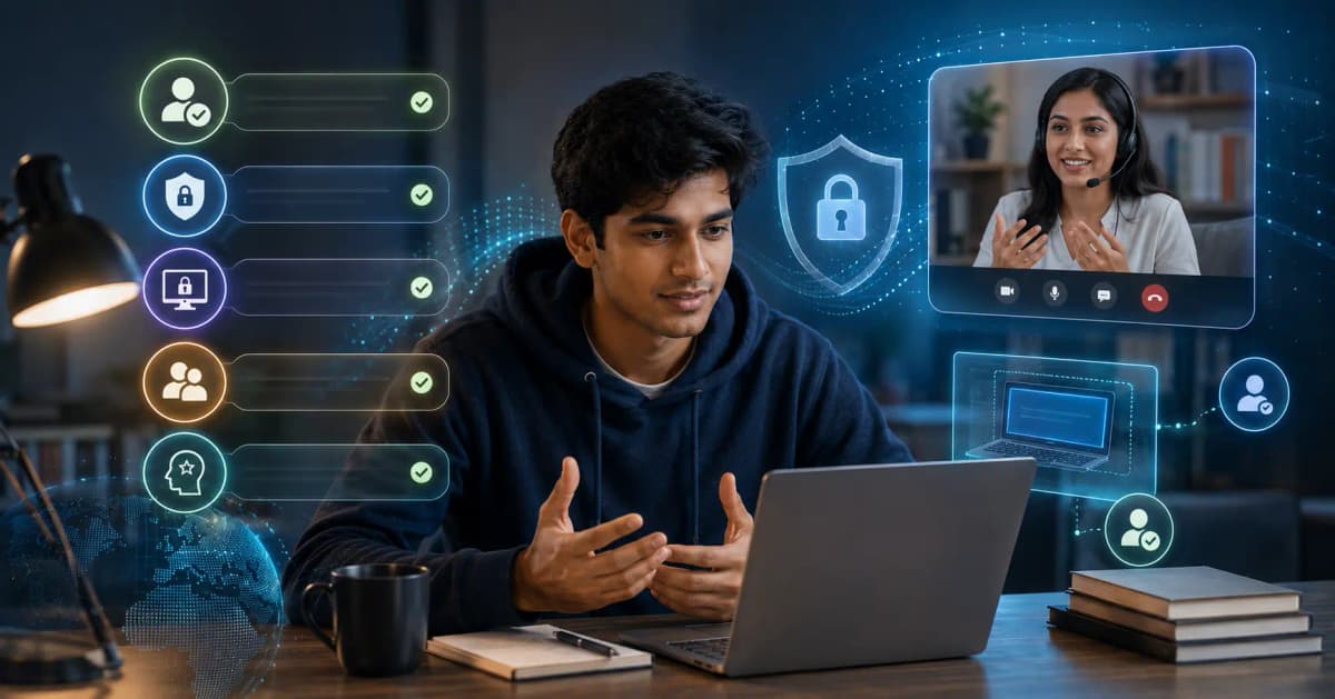 Candidate reviewing privacy, consent and screen-sharing controls before an interview