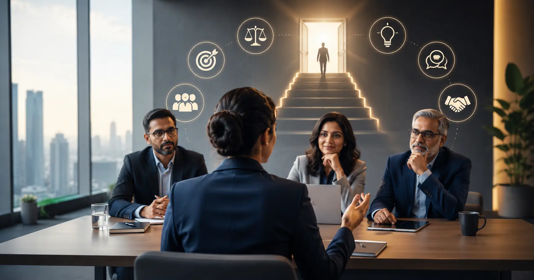 Candidate reviewing final-round evidence, leadership questions, and decision criteria