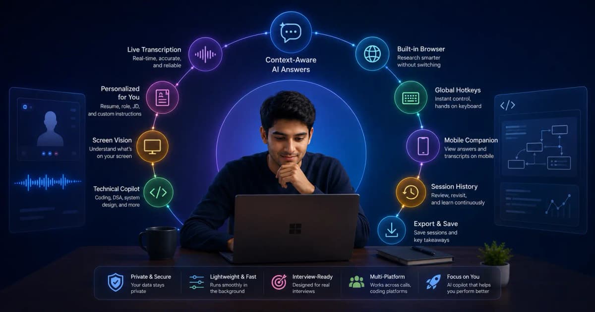 InterviewGPT Windows interface surrounded by its main interview-assistant features
