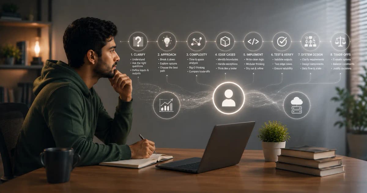 Technical interview workflow covering algorithm, complexity, edge cases, and system design