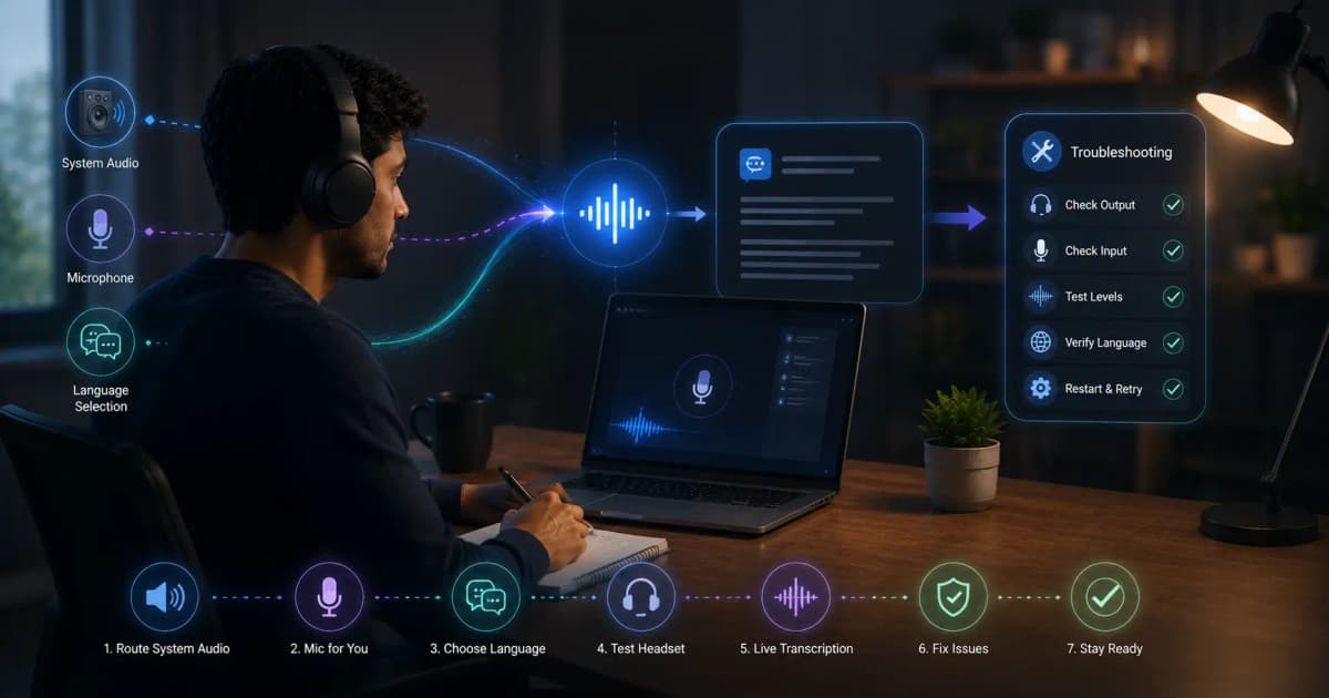 Windows meeting audio flowing into a clean live interview transcript