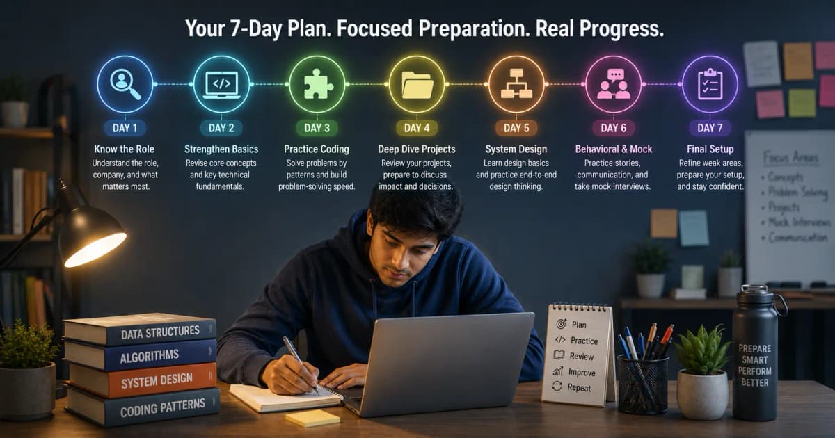 Seven-day technical interview preparation calendar with coding and design tasks