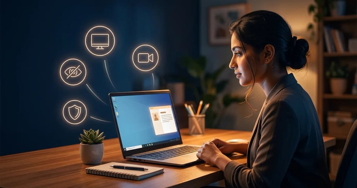 Laptop sharing its screen on a video call while a private assistant window stays off the shared view