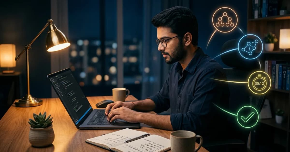 Developer solving a data structures problem on a laptop with a weekly study plan beside it