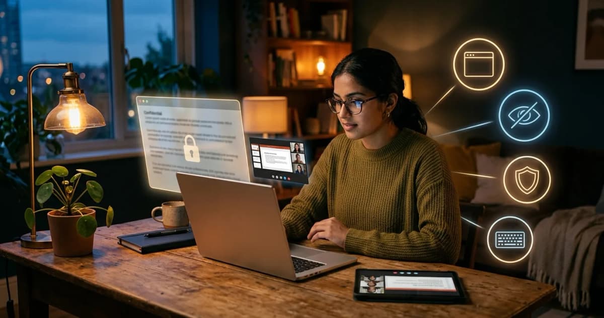 Laptop sharing its screen in a video call while a private window stays visible only to the user