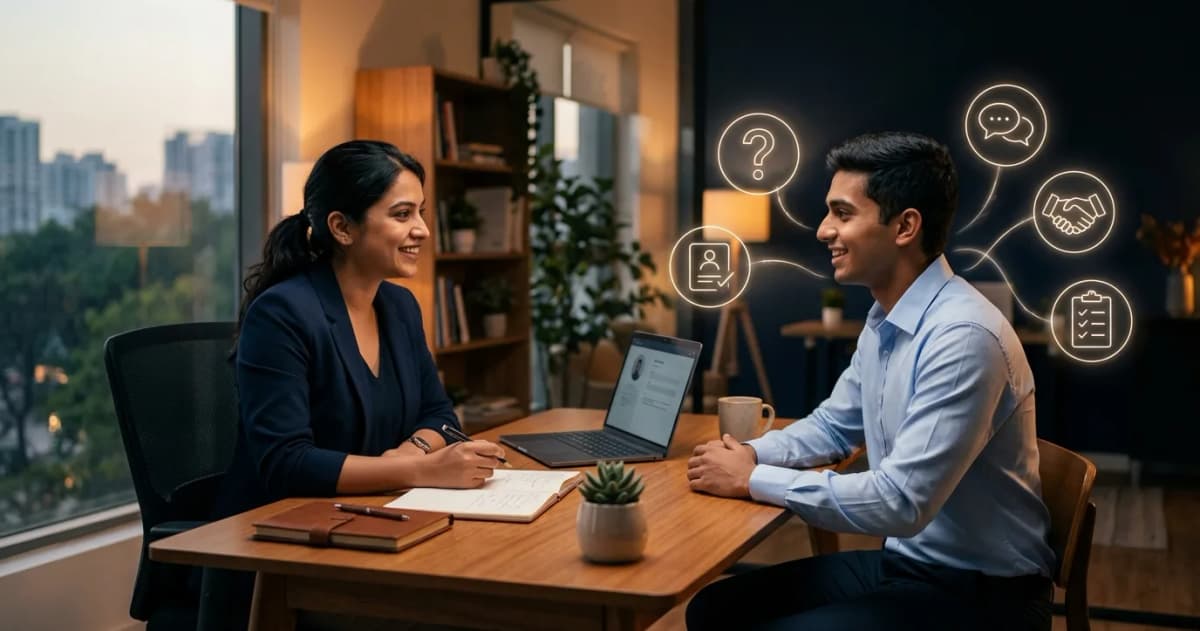 HR interviewer and fresher candidate talking across a table during a campus interview
