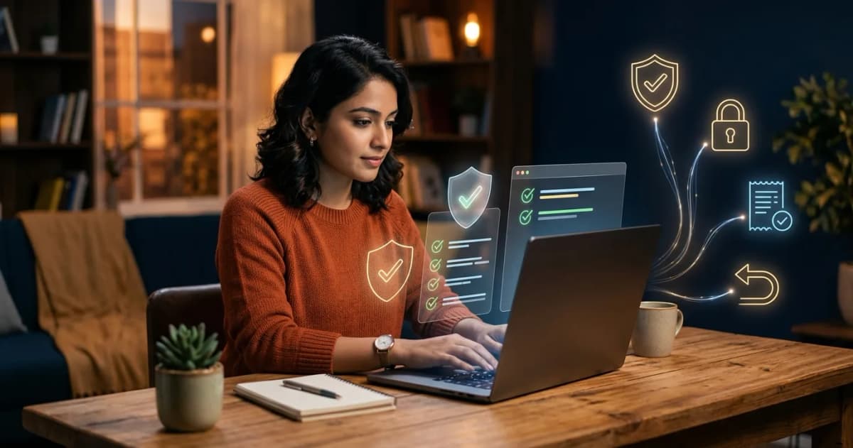 Windows laptop showing a verified download page next to a privacy checklist